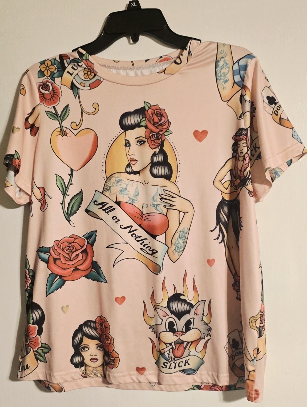 SHEIN Pink Tattoo-Print Short Sleeve Tee with Red & Green Accents